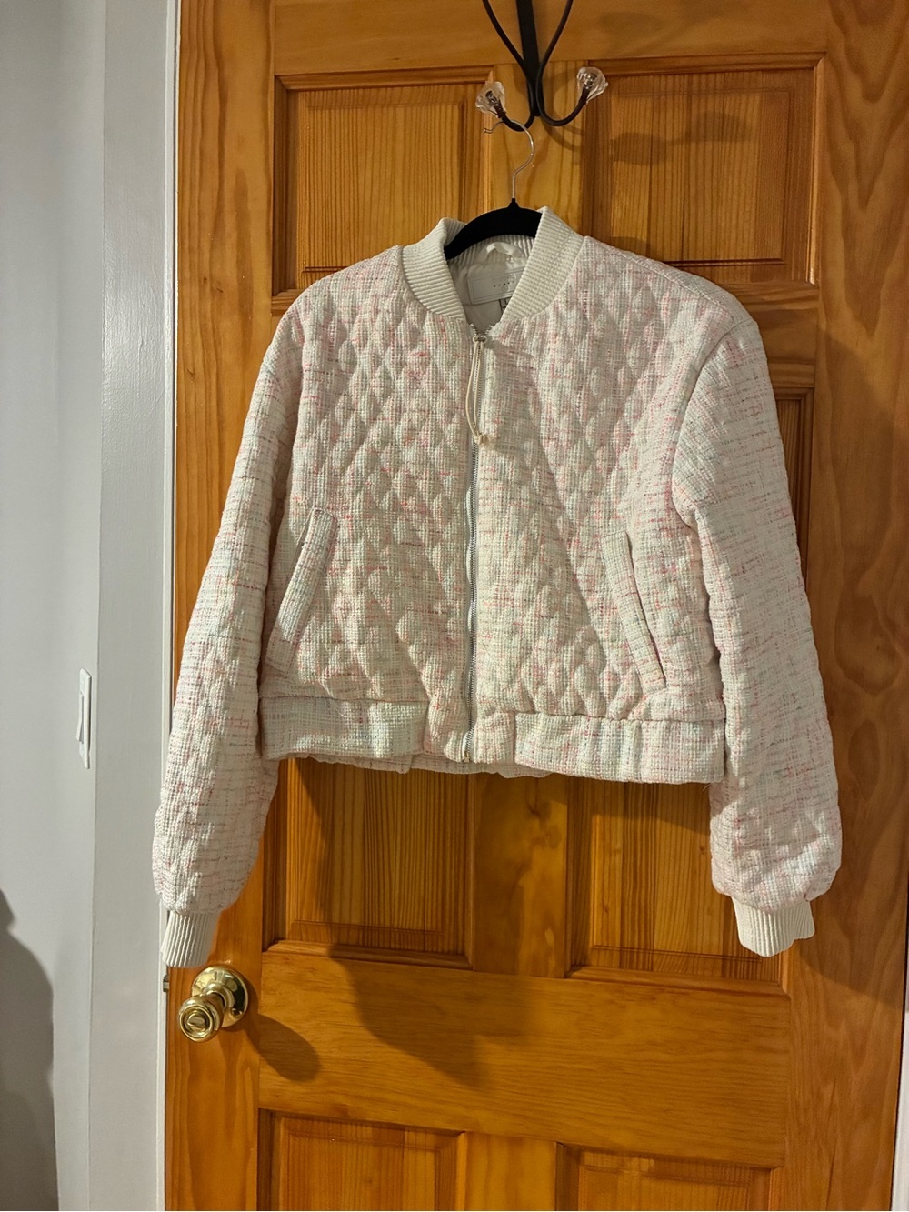 Blank NYC Quilted Tweed Bomber Jacket - Light Pink & Cream
